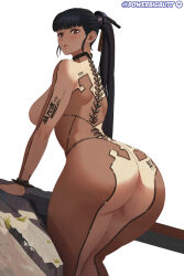  1girl ass ass_cutout ass_focus black_hair blunt_bangs blush bodysuit breasts brown_bodysuit brown_eyes clothing_cutout eve_(stellar_blade) from_behind highres huge_ass impossible_bodysuit impossible_clothes large_breasts long_hair looking_at_viewer ponytail powerbigbutt revealing_clothes skin_suit_(stellar_blade) skin_tight solo stellar_blade thick_thighs thighs tight_clothes two-tone_bodysuit very_long_hair 