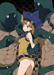  1girl 2boys abs alena_(dq4) ass belt bottomless breasts brown_eyes brown_hair capelet dragon_quest dragon_quest_iv covered_erect_nipples from_behind gloves holding_hands hat hood kizaki long_hair looking_at_viewer multiple_boys no_legwear sleeveless small_breasts underwear veins  rating:Questionable score:62 user:danbooru