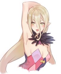  1girl :p arm_behind_head arm_up armpits blonde_hair breasts feathers green_eyes magilou_(tales) naughty_face pointy_ears slit_pupils small_breasts solo strapless tales_of_(series) tales_of_berseria tongue tongue_out tube_top tusia  rating:Sensitive score:63 user:danbooru