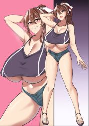  1girl alternate_breast_size areola_slip arm_behind_head ashigara_(kancolle) ass blush breasts brown_eyes brown_hair cleavage collarbone full_body grin hair_between_eyes huge_breasts jewelry kantai_collection long_hair looking_at_viewer meicha multiple_views open_mouth ponytail ring sandals short_shorts shorts smile tank_top upper_body wedding_ring 