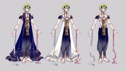  1boy armor bare_shoulders barefoot braid byleth_(fire_emblem) byleth_(male)_(fire_emblem) cape closed_mouth cosplay crown dress fire_emblem fire_emblem:_three_houses green_hair grey_background highres jewelry multicolored_hair nintendo pants purple_dress ribbon see-through short_hair simple_background single_braid solo sothis_(fire_emblem)_(cosplay) standing topless_male vg_art4nothing white_dress  rating:Sensitive score:2 user:Houseofcards77