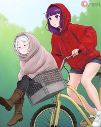  2girls absurdres bicycle bicycle_basket black_pantyhose blanket blue_shorts boots brown_footwear closed_eyes closed_mouth covering_with_blanket day dismaiden e.t. elf fern_(sousou_no_frieren) frieren grey_hair highres hood hood_up hoodie in_basket making-of_available multiple_girls outdoors pantyhose parody pointy_ears purple_eyes purple_hair red_hoodie riding riding_bicycle shoes short_shorts shorts smile sneakers sousou_no_frieren tree white_footwear 