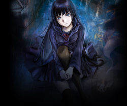  1girl abe_yoshitoshi black_hair black_thighhighs blue_eyes candle closed_mouth indoors interlocked_fingers long_hair looking_at_viewer mitsurugi_yoishi nitroplus official_art on_floor own_hands_together phenomeno sitting skirt smoke solo thighhighs very_long_hair wooden_floor 
