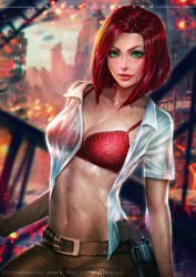 1girl belt bra breasts cleavage green_eyes light_smile lips looking_at_viewer midriff navel neoartcore open_clothes open_shirt parted_lips red_bra red_hair shirt short_hair smile solo underwear wet wet_clothes wet_shirt rating:Sensitive score:94 user:danbooru