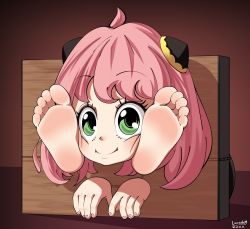  1girl 2022 absurdres anya_(spy_x_family) artist_name barefoot feet female_focus foot_focus green_eyes highres loli lucaskm pink_hair restrained smile soles solo spy_x_family stocks toes  rating:Questionable score:159 user:footfetishspecialist
