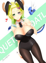  1girl absurdres animal_ears artist_name blacksaikou blonde_hair blush breasts brown_pantyhose character_name cleavage commentary creatures_(company) crossover detached_collar dragon dragonair dutch_angle earrings eyes_visible_through_hair fake_animal_ears forehead game_freak gen_1_pokemon gradient_hair green_eyes green_hair hand_on_own_chest heart heterochromia highres horns huge_breasts jewelry kobayashi-san_chi_no_maidragon leotard looking_at_viewer lucoa_(maidragon) medium_hair mole mole_under_mouth multicolored_hair nintendo pantyhose playboy_bunny pokemon pokemon_(creature) purple_eyes rabbit_ears slit_pupils smile trait_connection wrist_cuffs yellow_pupils  rating:Sensitive score:46 user:danbooru