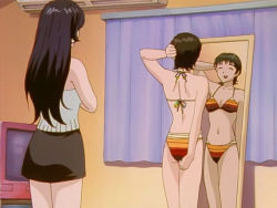  1990s_(style) 2girls bikini black_hair brown_hair fuyutsuki_azusa great_teacher_onizuka mirror multiple_girls retro_artstyle screencap swimsuit television 