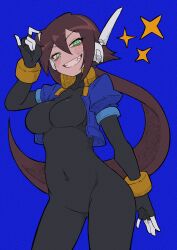  1girl absurdres adjusting_hair aile_(mega_man_zx) black_bodysuit blue_background blue_jacket blush bodysuit bodysuit_under_clothes brown_hair buzzlyears covered_navel cowboy_shot cropped_jacket faux_traditional_media glowing glowing_eyes green_eyes highres jacket long_hair looking_at_viewer mega_man_(series) mega_man_zx mega_man_zx_advent no_pants open_clothes open_jacket open_mouth parted_lips ponytail robot_ears short_sleeves simple_background smirk solo star_(symbol) teeth 