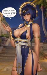  1girl 2022 arm_behind_back armlet bare_arms bare_shoulders black_hairband blue_dress blue_eyes blue_gemstone blurry blurry_background bracelet bracer breasts candace_(genshin_impact) chain cleavage cliff commentary cowboy_shot dark-skinned_female dark_skin dress egyptian egyptian_clothes english_commentary english_text eye_of_horus gem genshin_impact gold_chain gold_trim hair_intakes hair_ornament hair_over_shoulder hairband halter_dress halterneck hand_up heterochromia highres jewelry large_breasts lips low_neckline low_twintails neck_ring night night_sky o-ring outdoors palm_tree panties panty_straps parted_lips pelvic_curtain sash sciamano240 short_hair_with_long_locks side_slit sideboob signature skindentation sky sleeveless sleeveless_dress smile solo speech_bubble stairs star_(sky) starry_sky string_panties thighlet thighs tree twintails underwear white_sash yellow_eyes  rating:Sensitive score:190 user:danbooru