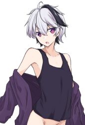  1girl ahoge androgynous bare_shoulders black_hair black_tank_top bottomless breasts bright_pupils collarbone flower_(vocaloid) flower_(vocaloid4) hair_between_eyes highres jacket looking_to_the_side multicolored_hair open_mouth purple_jacket purple_pupils sena_kizahashi short_hair small_breasts solo streaked_hair tank_top undressing upper_body vocaloid white_hair 