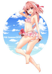  1boy ass astolfo_(fate) bare_shoulders barefoot bikini blush bow braid fang fate/apocrypha fate/grand_order fate_(series) grey_hair hair_bow highres long_hair male_focus multicolored_hair open_mouth panties pink_eyes pink_hair shiny_skin single_braid smile solo swimsuit trap two-tone_hair underwear very_long_hair wankoba  rating:Questionable score:36 user:armorcrystal