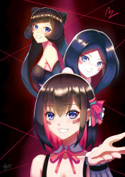  3girls absurdres artist_name azki_(3rd_costume)_(hololive) azki_(hololive) bare_shoulders black_hair blue_eyes blush_stickers breasts colored_inner_hair commentary der_zweite detached_collar grin hair_ornament highres hololive long_hair looking_at_viewer multicolored_hair multiple_girls multiple_persona pink_hair short_hair smile teeth virtual_youtuber 