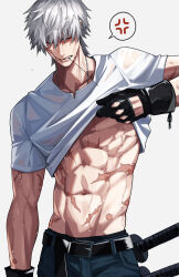  abs absurdres anger_vein belt black_gloves chain chain_necklace closed_eyes clothes_lift denim facial_scar fate/grand_order fate_(series) gloves grey_hair haruakira highres jeans jewelry katana male_focus mouth_hold multiple_scars nagakura_shinpachi_(fate) necklace pants parted_lips pectoral_cleavage pectorals scar scar_on_arm scar_on_cheek scar_on_face scar_on_stomach shirt shirt_lift short_hair speech_bubble spoken_anger_vein stalk_in_mouth sweat sword t-shirt toned toned_male weapon wet wet_clothes white_shirt 