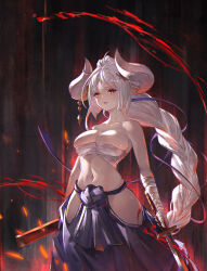  1girl absurdres azusa_(granblue_fantasy) azusa_(summer)_(granblue_fantasy) bandaged_arm bandaged_hand bandages braid braided_ponytail breast_press breasts budget_sarashi commentary_request draph granblue_fantasy grey_hair hair_ribbon highres hip_vent holding holding_sheath holding_sword holding_weapon horns japanese_clothes katana large_breasts long_hair navel official_alternate_costume official_alternate_hairstyle open_mouth pointy_ears purple_ribbon red_eyes ribbon sarashi sheath simple_background solo sword very_long_hair weapon yu_pian 