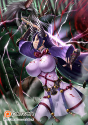1boy 1girl armor bamboo bamboo_forest battle black_eyes black_gloves black_hair blood blood_on_face blood_on_clothes bodysuit bracer breasts butter-t covered_navel dismemberment electricity covered_erect_nipples fate/grand_order fate_(series) fingerless_gloves forest from_side gloves hair_ornament horns impossible_clothes japanese_armor katana large_breasts long_hair minamoto_no_raikou_(fate) nature oni parted_lips patreon patreon_username pelvic_curtain profile purple_bodysuit rope sidelocks single_horn smile sword unsheathed very_long_hair watermark weapon web_address rating:Sensitive score:20 user:danbooru