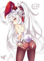 10s 1girl ? animal_ears ass bad_id bad_pixiv_id bare_shoulders brown_pantyhose character_name choko_(last_period) cowboy_shot cross detached_collar fake_animal_ears from_behind hair_ornament hand_on_own_ass kedama_milk last_period leotard long_hair looking_at_viewer looking_back pantyhose playboy_bunny rabbit_ears rabbit_tail red_eyes solo tail thong thong_leotard torn_clothes torn_pantyhose white_background white_hair wrist_cuffs rating:Questionable score:30 user:danbooru