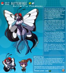1boy 1girl absurdly_long_hair antennae arthropod_girl artist_name black_hair breasts brown_eyes butterfree character_profile commentary creatures_(company) english_commentary english_text fangs game_freak gen_1_pokemon hat_feather highres insect_wings kinkymation large_breasts leotard long_hair nintendo personification poke_ball pokemon profile purple_hair purple_leotard purple_scarf red_eyes scarf very_long_hair wings rating:Sensitive score:58 user:danbooru