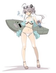 1girl absurdres ahoge aircraft airplane akitsushima_(kancolle) bikini bottle breasts flying_boat full_body grey_hair h8k highres kantai_collection long_hair looking_at_viewer medium_breasts nishikitaitei-chan purple_eyes purple_hair sandals shadow side_ponytail swimsuit tada_(tactical_tada) water_bottle white_background white_bikini