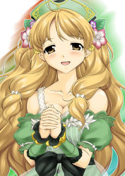  1girl atelier_(series) atelier_ayesha ayesha_altugle bad_id bad_pixiv_id benimaru bow breasts brown_eyes brown_hair cleavage female_focus flower hair_flower hair_ornament hat large_breasts long_hair own_hands_clasped own_hands_together puffy_sleeves ribbon sidelocks smile solo waist_bow 