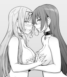  2girls bad_id bad_pixiv_id bdsm blush breasts clenched_teeth closed_mouth collar collarbone commentary_request earrings grabbing grabbing_another&#039;s_breast grey_background greyscale hair_ribbon heart jewelry large_breasts monochrome multiple_girls nipple_stimulation nipple_tweak nipples nose_blush nude original parted_lips ribbon simple_background slave smug solo stud_earrings suzushiro_nazuna tearing_up tears teeth upper_body yuri 