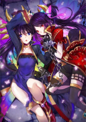 2girls alice_(brave_frontier) amksr417 black_gloves blue_eyes boots brave_frontier bug butterfly butterfly_hair_ornament chain crescent crescent_hair_ornament cuffs elza_(brave_frontier) frilled_sleeves frills gloves hair_ornament bug interlocked_fingers long_hair long_sleeves multiple_girls open_mouth ponytail red_eyes short_sleeves shorts siblings sisters thighhighs torn_clothes torn_legwear twintails 