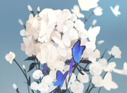  absurdres blue_background blue_butterfly blurry_edges bud bug butterfly chinese_commentary commentary_request flower gradient_background highres insect isekai_joucho kamitsubaki_studio mixed-language_commentary no_humans optical_illusion walluka white_butterfly white_flower 