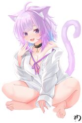  1girl :3 :d absurdres ahoge animal_ear_fluff animal_ears barefoot belt_collar black_collar blue_hair blush breasts cat_ears cat_girl cat_tail collar colored_inner_hair highres hololive large_breasts looking_at_viewer medium_hair multicolored_hair muutsu_(maxwell0916) naked_shirt neck_ribbon nekomata_okayu nekomata_okayu_(oversized_shirt) official_alternate_costume open_mouth purple_eyes purple_hair purple_ribbon ribbon shirt smile solo tail virtual_youtuber white_shirt 