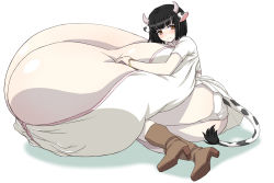  1girl animal_ears black_hair boots bracelet breasts brown_eyes brown_footwear bursting_breasts cleavage covered_erect_nipples cow_ears cow_girl cow_horns cow_tail deep_skin dress gigantic_breasts hands_on_own_chest horns jewelry looking_at_viewer lying maoyuu_maou_yuusha medium_hair nipples on_side panties pantyshot short_sleeves simple_background skindentation smile solo tail thighs umi_no_tarako underwear white_background white_dress white_panties 