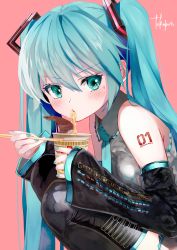 1girl aqua_eyes aqua_nails aqua_necktie bare_shoulders black_hair blush character_name chopsticks collared_shirt commentary_request detached_sleeves ear_blush earrings eating from_side grey_shirt hatsune_miku highres holding holding_chopsticks jewelry long_hair long_sleeves looking_at_viewer looking_to_the_side mixed-language_commentary nail_polish necktie nissin_cup_noodle number_tattoo pink_background shirt shoulder_tattoo signature simple_background sleeves_past_wrists solo squatting sweat takepon1123 tattoo thighhighs twintails v-shaped_eyebrows very_long_hair vocaloid rating:General score:9 user:danbooru