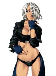  1girl angel_(kof) breasts fingerless_gloves gloves green_eyes hair_over_one_eye jacket large_breasts lowres short_hair snk solo the_king_of_fighters white_hair  rating:Questionable score:26 user:mistressmind