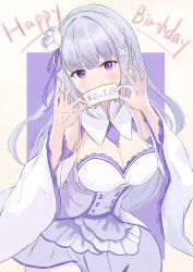  1girl absurdres bare_shoulders blunt_bangs blush braid breasts cleavage commentary covering_own_mouth cowboy_shot crown_braid detached_collar detached_sleeves dress emilia_(re:zero) eyes_visible_through_hair floating_hair flower grey_hair hair_flower hair_ornament hair_ribbon hands_up happy_birthday highres holding holding_paper large_breasts leaning_forward long_hair long_sleeves looking_at_viewer paper pointy_ears purple_background purple_eyes purple_ribbon re:zero_kara_hajimeru_isekai_seikatsu ribbon sayu_(user_yjsz2885) simple_background solo strapless strapless_dress tsurime two-tone_background white_background white_dress white_flower white_sleeves wide_sleeves x_hair_ornament 
