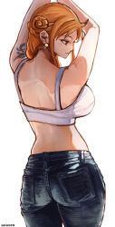 1girl aosora2823 arms_up ass back blush bra breasts cowboy_shot denim ear_piercing female_focus half-closed_eyes jeans nami_(one_piece) one_piece orange_hair pants piercing shoulder_tattoo simple_background smile solo standing tattoo underwear white_background