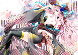  1girl blue_eyes blue_lips blue_nails breasts cleavage coco_(eccentricrouge) flower hair_flower hair_ornament hair_ribbon headband japanese_clothes kimono large_breasts lipstick long_hair makeup megurine_luka nail_polish open_clothes petals pink_hair ribbon solo tattoo thighhighs vocaloid  rating:Sensitive score:10 user:danbooru