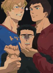  3boys ao_isami between_pecs between_pectorals black_hair blank_eyes blonde_hair blush boy_sandwich cheek_press clenched_teeth eye_contact facial_hair frown glaring grabbing_another&#039;s_arm hand_on_another&#039;s_cheek hand_on_another&#039;s_face head_between_pecs highres large_pectorals lewis_smith lightning_glare looking_at_another love_triangle male_focus multiple_boys pectorals runny_nose ryuji_satake sandwiched sideburns_stubble smug snot stubble tearing_up teeth thick_eyebrows yaoi yarou_first yuuki_bakuhatsu_bang_bravern 