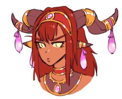  1girl alexstrasza anonymous_drawfag blush condom condom_hair_ornament eyelashes hairband horns jewelry multiple_condoms necklace no_pupils portrait red_hair simple_background solo used_condom warcraft white_background world_of_warcraft yellow_eyes  rating:Questionable score:38 user:danbooru