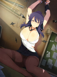 absurdres breasts cuffs glasses handcuffs highres large_breasts mole mole_on_breast official_art pantyhose purple_hair red_eyes senran_kagura rin_(senran_kagura) torn_clothes rating:Questionable score:47 user:YuriLover567