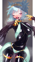  1girl absurdres ball_gag black_background black_bodysuit black_feathers black_wings blue_hair blush bodysuit bodysuit_under_clothes breasts claws commentary_request commission covered_navel dancer dancer_(final_fantasy) feathers final_fantasy gag harem_outfit harpy highres indie_virtual_youtuber latex latex_bodysuit lincoro maguro27 mixed-language_commentary monster_girl one_eye_closed pixiv_commission pointy_ears pussy_juice red_eyes short_hair short_twintails small_breasts solo steaming_body sweat thigh_strap tiara twintails vibrator_in_thigh_strap virtual_youtuber winged_arms wings 
