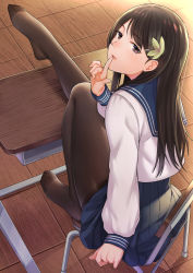 1girl arm_at_side bad_id bad_pixiv_id black_pantyhose blue_skirt blush breasts brown_eyes brown_hair chair desk feet feet_on_table finger_to_mouth from_behind full_moon hair_ornament hairclip highres index_finger_raised knee_up kyuuso_inukami leg_up long_hair long_sleeves looking_at_viewer looking_back medium_skirt moon no_shoes on_chair original pantyhose parted_lips pleated_skirt school_chair school_desk school_uniform serafuku shirt shushing sitting skirt sleeves_past_wrists smile solo table toes very_long_hair white_shirt wooden_chair wooden_floor wooden_table rating:Sensitive score:56 user:danbooru