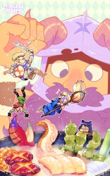  2girls 3boys :3 absurdres beard chilchuck_tims cooking dungeon_meshi dwarf excited facial_hair fake_horns falling helmet highres horned_helmet horns izutsumi laios_touden long_beard male_focus marcille_donato mini_person miniboy minigirl multiple_boys multiple_girls mustache portrait princessmisery scared senshi_(dungeon_meshi) solid_oval_eyes sprinkling thick_mustache very_long_beard wok 