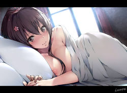 10s 1girl bad_id bad_pixiv_id blush breasts brown_eyes brown_hair cherry_blossoms cleavage flower hair_between_breasts hair_flower hair_ornament holding_hands jewelry kantai_collection kappipe_(brd0520) large_breasts letterboxed light light_smile long_hair looking_at_viewer lying nipples nude on_bed on_side petals pillow ponytail pov pov_across_bed ring sidelocks smile solo_focus under_covers wedding_band window yamato_(kancolle) rating:Questionable score:81 user:danbooru