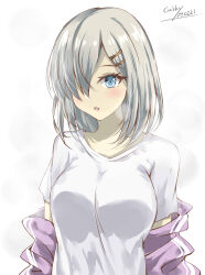 1girl artist_name blue_eyes blush breasts dated gakky hair_ornament hair_over_one_eye hairclip hamakaze_(kancolle) highres jacket kantai_collection large_breasts looking_at_viewer medium_hair one-hour_drawing_challenge open_clothes open_jacket purple_jacket shirt short_sleeves solo striped_clothes upper_body vertical-striped_clothes white_background white_shirt rating:Sensitive score:5 user:danbooru