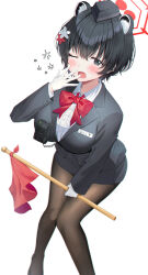  1girl animal_ear_fluff animal_ears black_hair black_hat black_skirt blue_archive blush bow breasts brown_pantyhose collared_shirt commentary_request dress_shirt drooling feet_out_of_frame flag garrison_cap gloves grey_eyes grey_jacket hair_between_eyes halo hand_up hat highres holding holding_flag jacket knees_together_feet_apart kubong large_breasts mouth_drool one_eye_closed open_mouth pantyhose red_bow shirt simple_background skirt solo tsubaki_(blue_archive) white_background white_gloves white_shirt yawning 