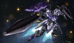  commentary_request full_body glowing glowing_eyes gundam gundam_kimaris_vidar gundam_tekketsu_no_orphans holding holding_weapon lance looking_at_viewer mecha mobile_suit no_humans oobari_masami polearm robot sky solo space star_(sky) starry_sky thrusters v-fin weapon yellow_eyes 