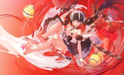  1girl apron atdan azur_lane bare_legs bare_shoulders barefoot black_dress blue_eyes blunt_bangs breasts brown_hair cherry closed_mouth detached_collar detached_sleeves dress feet floating_hair food fruit full_body heart_pasties highres horns long_hair looking_at_viewer maid_headdress manjuu_(azur_lane) medium_breasts noshiro_(azur_lane) noshiro_(hold_the_ice)_(azur_lane) official_alternate_costume oni_horns pasties puffy_short_sleeves puffy_sleeves red_ribbon revision ribbon short_sleeves sidelocks smile soles solo strawberry third-party_edit toes twintails very_long_hair white_apron  rating:Sensitive score:24 user:metaknightupair