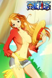  1girl blonde_hair breasts brown_eyes covered_erect_nipples highres long_hair looking_at_viewer nami_(one_piece) navel one_piece open_clothes smile solo tagme  rating:Questionable score:9 user:KaosJ