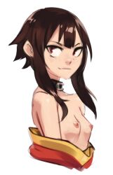 1girl arms_at_sides bare_shoulders black_choker blush breasts breasts_out brown_hair choker closed_mouth commentary cropped_torso dress english_commentary from_side javehorny kono_subarashii_sekai_ni_shukufuku_wo! light_blush light_smile looking_at_viewer megumin naughty_face nipples no_bra off-shoulder_dress off_shoulder red_dress red_eyes short_hair short_hair_with_long_locks simple_background small_breasts smile smirk solo upper_body v-shaped_eyebrows rating:Questionable score:74 user:danbooru