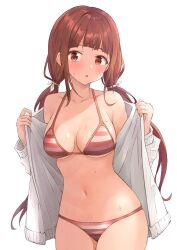  1girl :o absurdres b1ack_illust bikini blunt_bangs blush breasts breasts_apart brown_hair collarbone highres idolmaster idolmaster_million_live! jacket large_breasts long_hair looking_at_viewer matsuda_arisa navel open_clothes open_jacket red_bikini simple_background solo striped_bikini striped_clothes sweat swimsuit twintails undressing very_long_hair white_background white_jacket  rating:Sensitive score:20 user:danbooru
