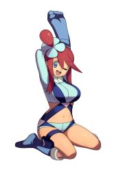  10s 1girl arms_up blue_eyes boots breasts creatures_(company) game_freak gloves gym_leader hair_ornament highres knee_boots large_breasts long_hair midriff navel nintendo one_eye_closed open_mouth pokemon pokemon_bw red_hair sitting skyla_(pokemon) smile solo unknown_showhey wariza  rating:Sensitive score:58 user:danbooru