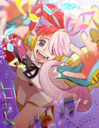 1girl absurdres aria_pkmn arms_up behind-the-head_headphones black_ribbon dress from_above hair_over_one_eye hair_rings headphones highres long_hair long_sleeves looking_at_viewer multicolored_hair musical_note one_piece one_piece_film:_red open_mouth purple_background purple_eyes reaching reaching_towards_viewer red_hair ribbon short_dress solo tearing_up teeth two-tone_hair uta_(one_piece) white_dress white_hair rating:General score:1 user:danbooru