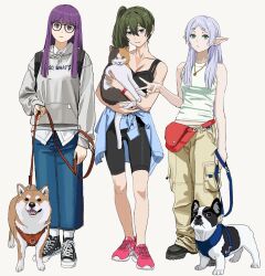  3girls absurdres bare_shoulders black_footwear blue_skirt breasts casual cat closed_mouth collarbone dog fern_(sousou_no_frieren) french_bulldog frieren glasses green_hair head_tilt highres holding holding_leash hood hoodie jewelry large_breasts leash long_hair long_skirt looking_at_viewer medium_breasts multiple_girls pants pendant pointy_ears purple_eyes purple_hair red_footwear shiba_inu shiren_(ourboy83) side_ponytail skirt small_breasts sousou_no_frieren sports_bra sportswear thigh_gap ubel_(sousou_no_frieren) v white_background white_hair 